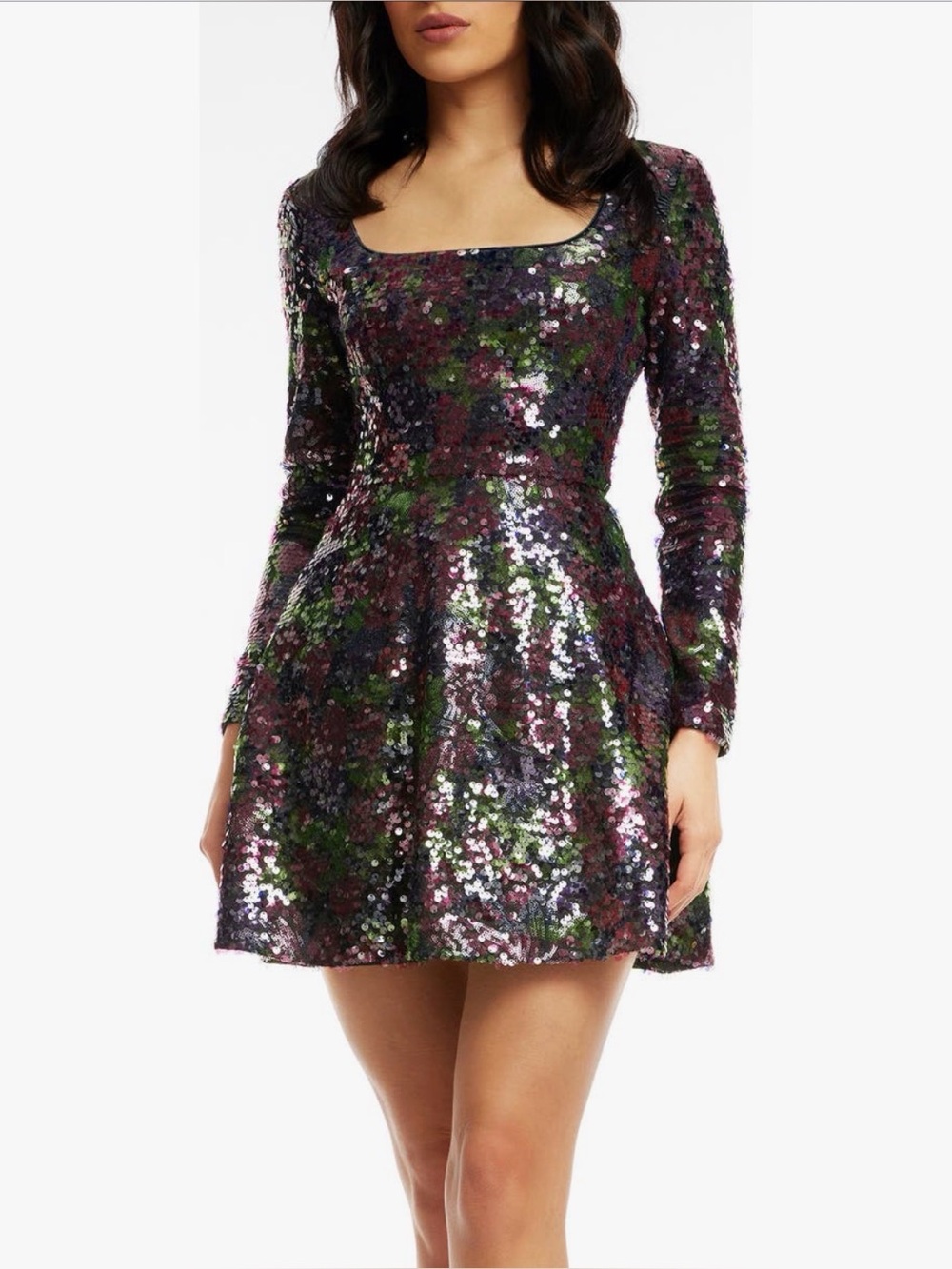 Dress the Population Iridescent Sequin Mini Dress in Purple & Green